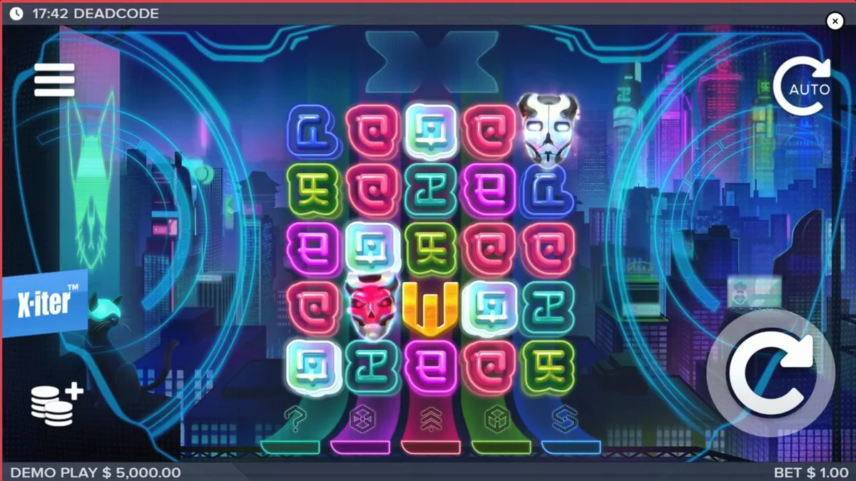 Isang madilim at cyberpunk na interface ng Deadcode slot na nagpapakita ng glitch aesthetics at neon na kulay.